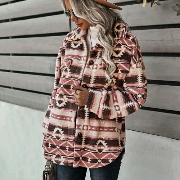 Geo Pattern Drop Shoulder Fleece Coat - Picture 3 of 8